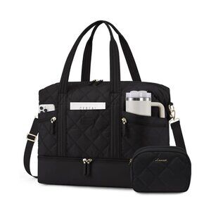 LOVEVOOK Travel Duffle Bag Quilted Weekender for Women with Shoe Compartment Bla